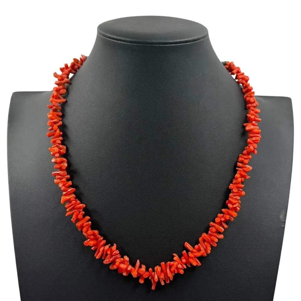 Vintage 70s Sterling Silver Southwest Natural Red Coral Branch Strand Necklace